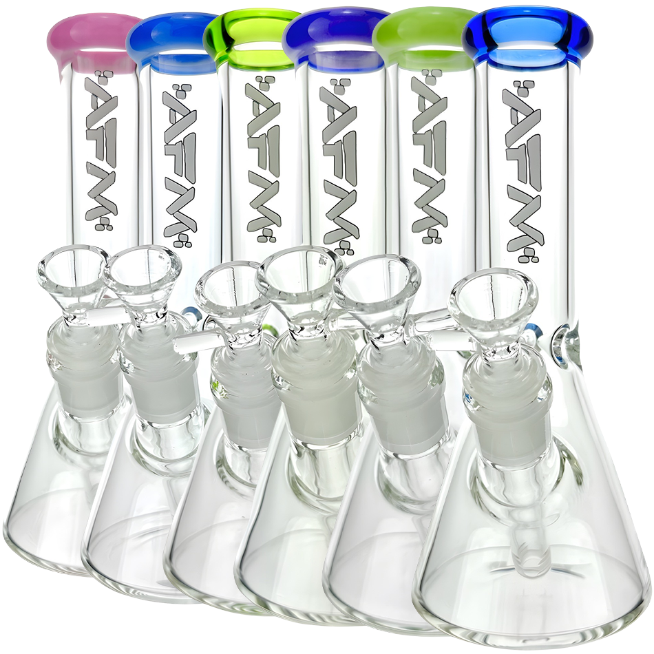 AFM Glass 8" Colored Lip Clear Mini Beaker T595 14mm 45° in vibrant colors including Pink, Purple, Green, and Blue.