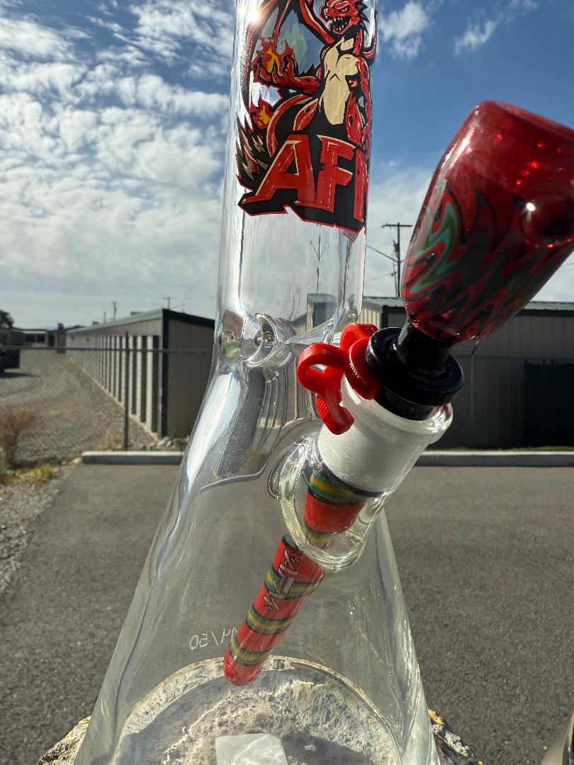 AFM Glass Flame Dragon Beaker 12" 9mm Thick 14mm 45° showcasing vibrant design and durable borosilicate glass.