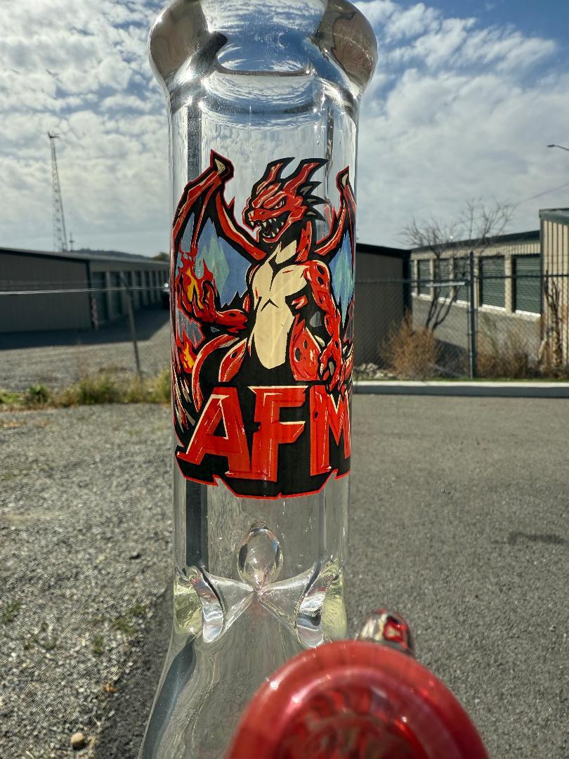 AFM Glass Flame Dragon Beaker 12" 9mm Thick 14mm 45° with vibrant artwork of a dragon and bold AFM logo.