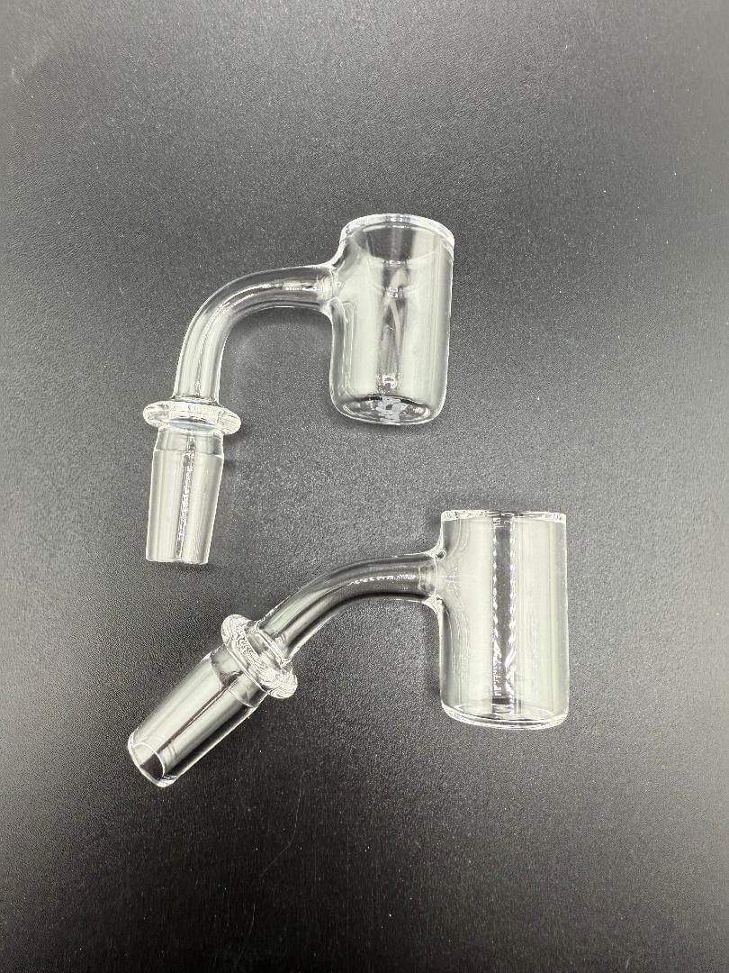 AFM Glass Full Weld Bucket Quartz Banger 14mm 90° & 45° - Two bangers displayed on a black background.