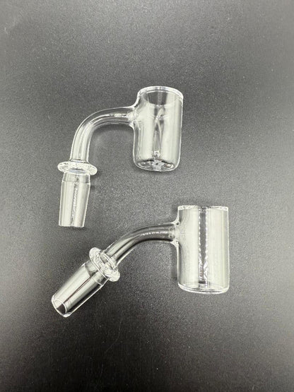 AFM Glass Full Weld Bucket Quartz Banger 14mm 90° & 45° - Two bangers displayed on a black background.