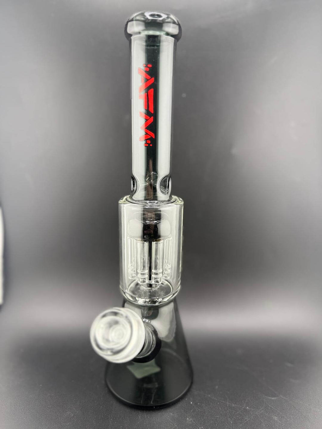 AFM Glass NB5935 10" Grey Dual Perc 14mm 45° with smoke grey and red accents.