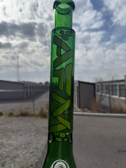 AFM Glass T430 2 Tone Green Flower Piece Beaker 14mm 90° showcasing striking two-tone green design and AFM logo.