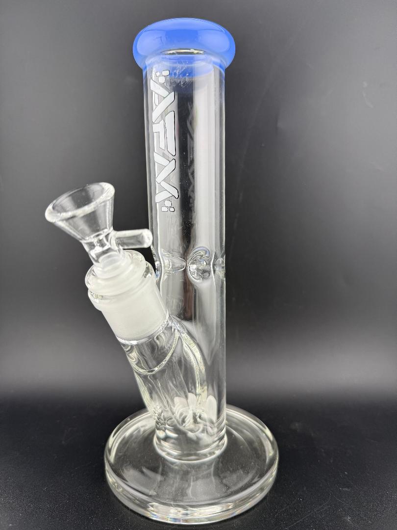 AFM Glass T596 Straight 14mm 45° joint in clear glass with blue accent, showcasing a sleek design and powerful performance.