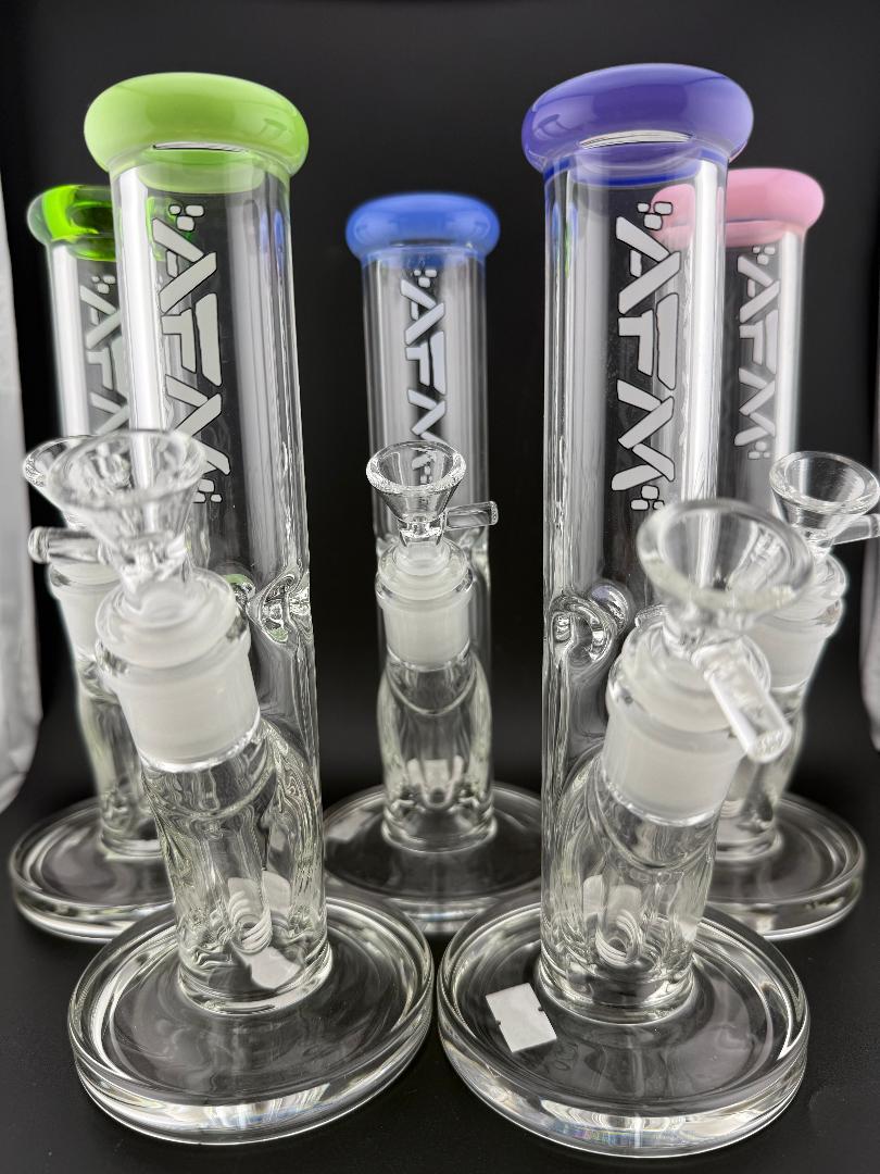 AFM Glass T596 Straight 14mm 45° available in purple, pink, blue, and green with sleek design and vibrant colors.