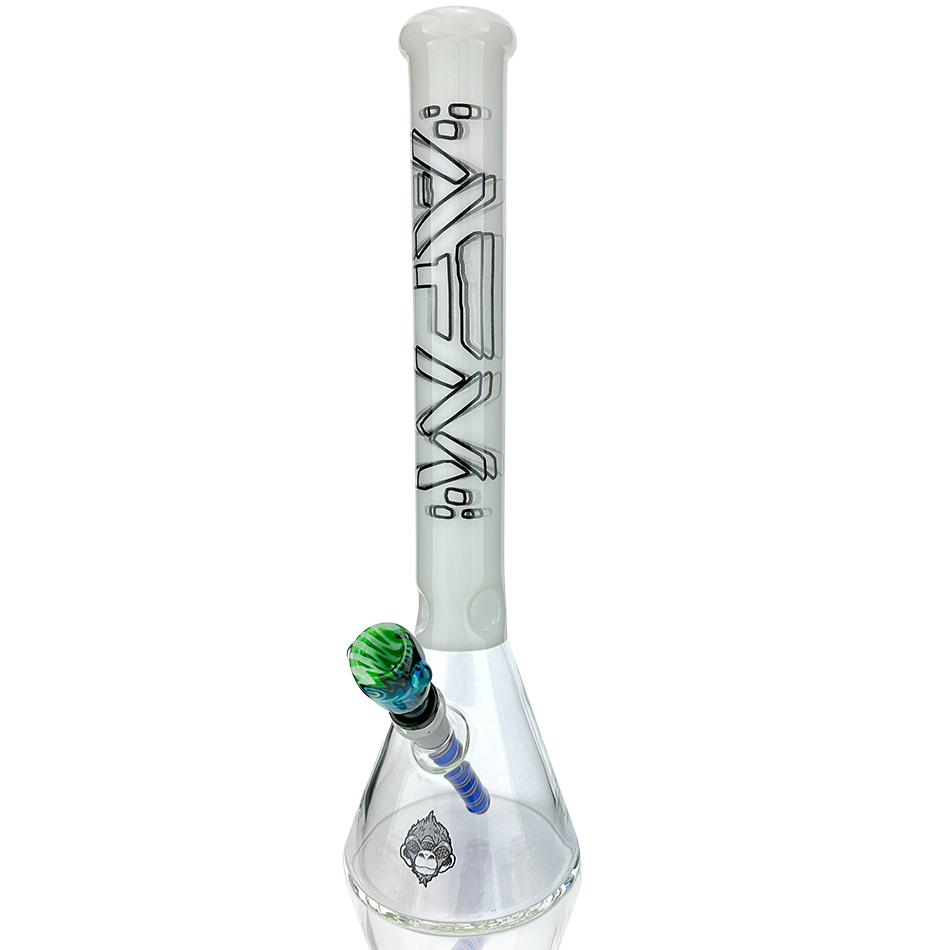 AFM Glass Void Beaker 18" 14mm 45° with sleek design and colorful bowl, premium borosilicate glass construction.