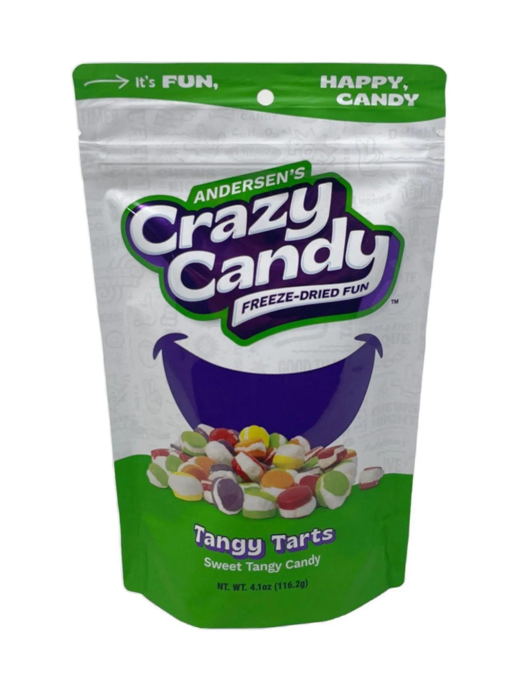 Andersen's Crazy Candy Freeze Dried ( Tangy Tarts) colorful sweet tangy candy packaging.
