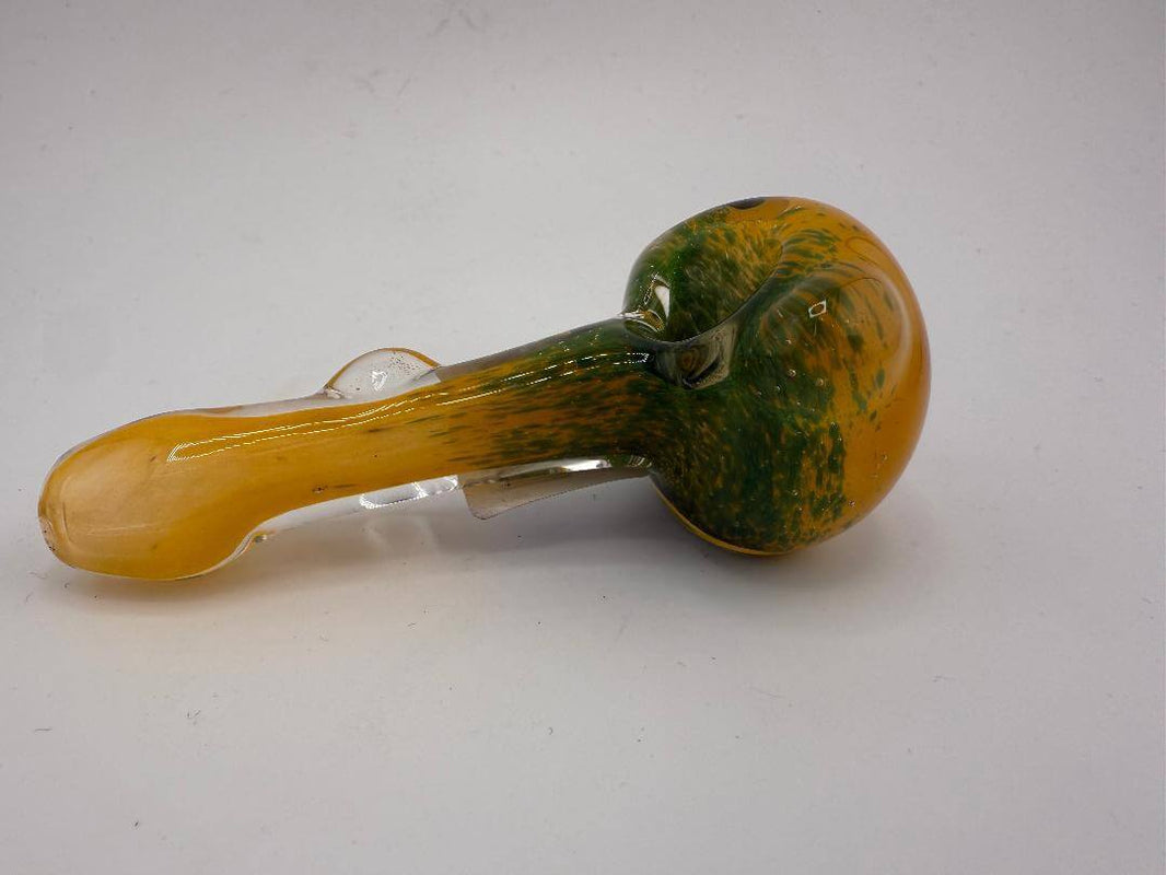 Annie Works handcrafted glass frit pipe in yellow and green colors, designed for a unique smoking experience.