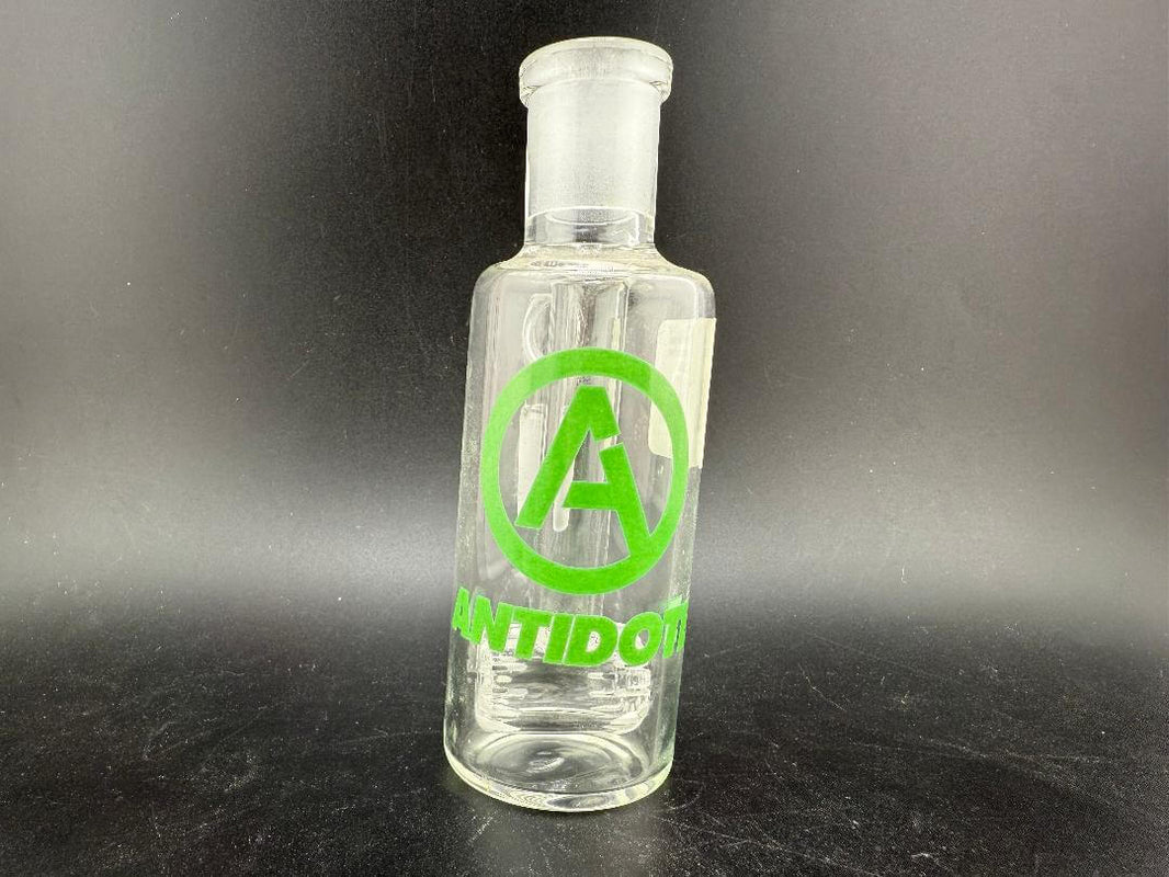 Antidote Glass 14mm 90° Ash Catcher with logo on transparent borosilicate glass design.