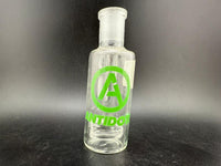 Antidote Glass 14mm 90° Ash Catcher with logo on transparent borosilicate glass design.