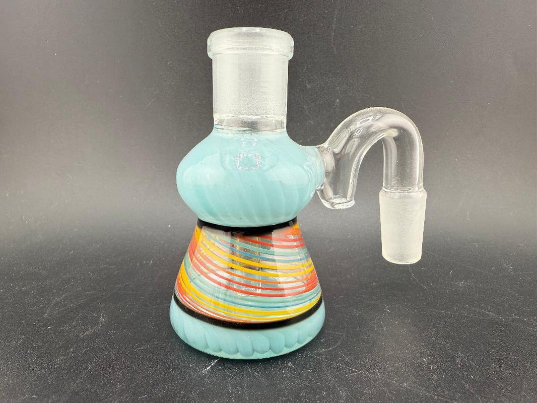Antidote Glass14mm 90° Retti Line Worked Ash Catcher with colorful line work in turquoise and red.