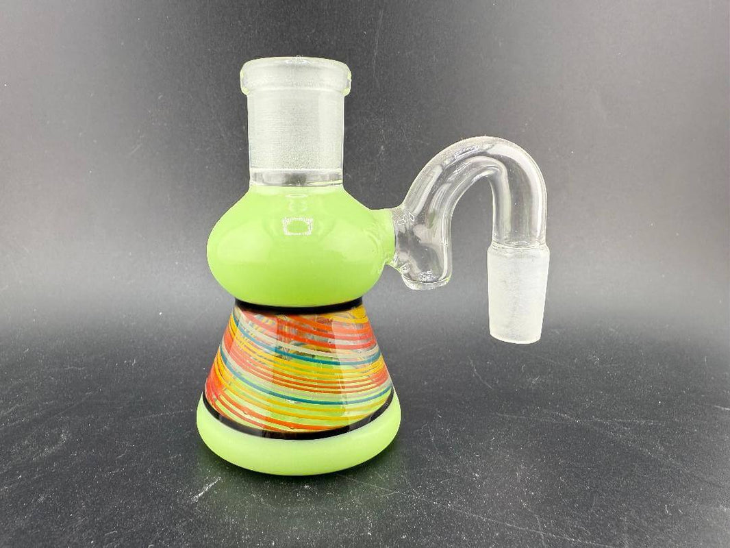 Antidote Glass14mm 90° Retti Line Worked Ash Catcher in vibrant green with colorful line work design.