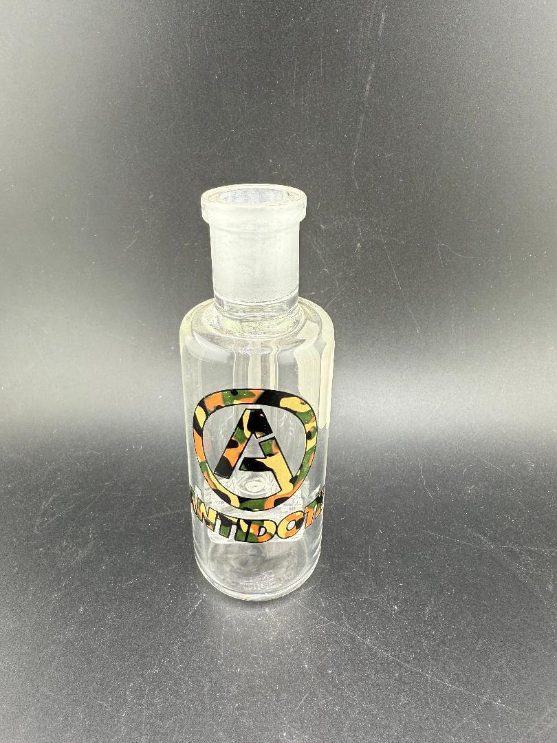 Antidote Glass 14mm 90° Ash Catcher featuring a clear borosilicate glass design with vibrant logo.