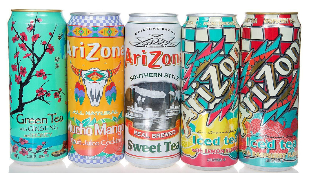 Arizona Iced Tea 16oz cans including Green Tea, Mucho Mango, Sweet Tea, and Lemon Iced Tea.