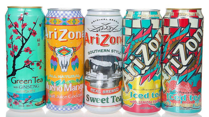 Arizona Iced Tea 16oz cans including Green Tea, Mucho Mango, Sweet Tea, and Lemon Iced Tea.