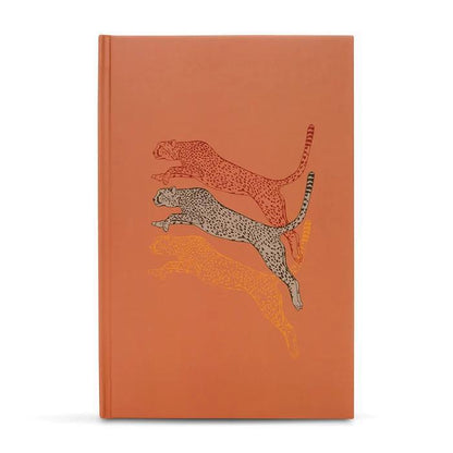 Ark Made Leaping Leopards Lined Journal featuring leaping leopard design on a vibrant orange cover.