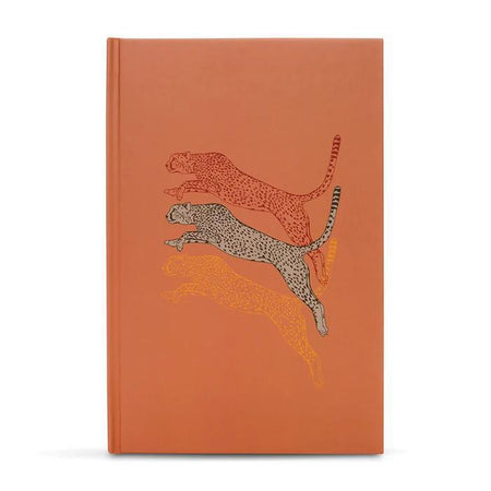 Ark Made Leaping Leopards Lined Journal featuring leaping leopard design on a vibrant orange cover.