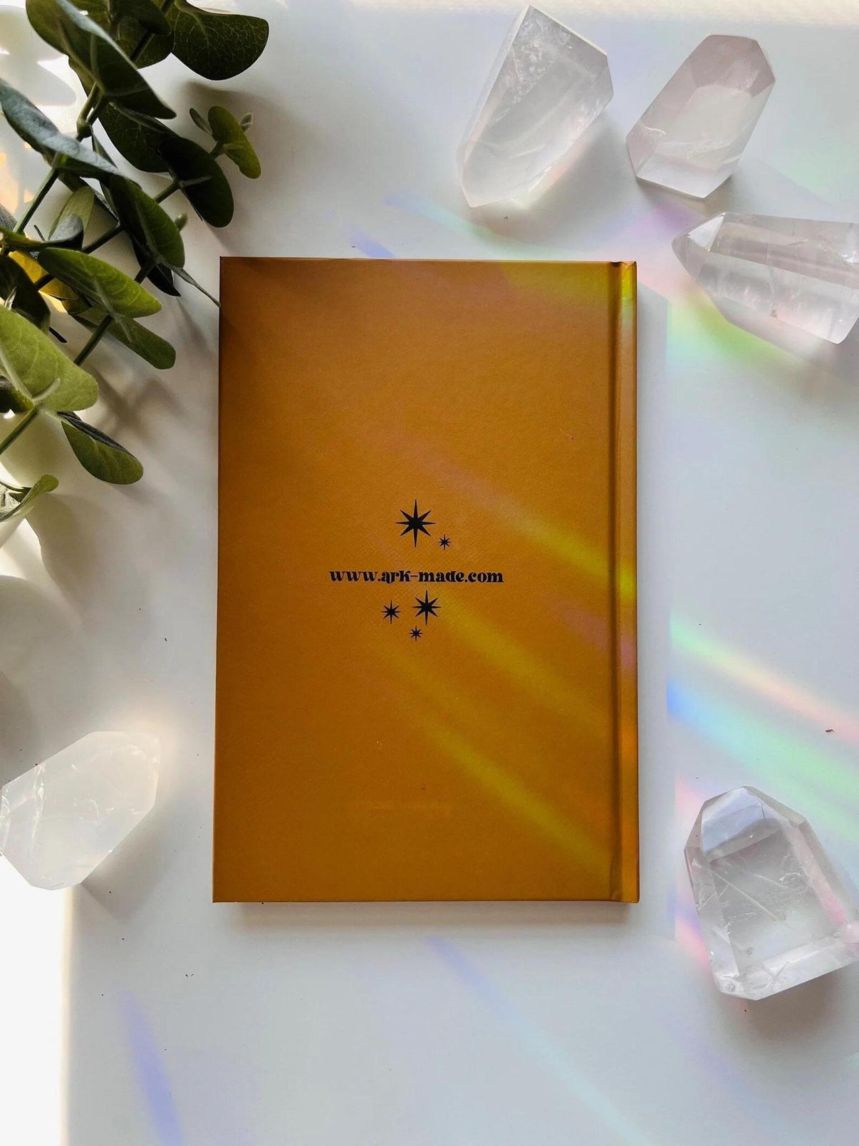 Ark Made Mercury Retro Babe Lined Journal on a reflective surface with crystals and greenery.