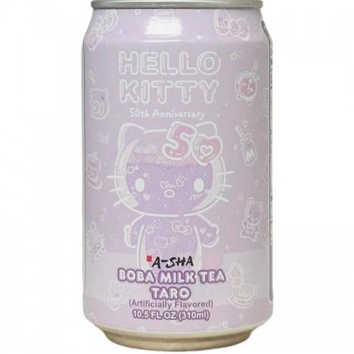 A-Sha Hello Kitty 50th Anniversary Boba Milk Tea Taro can with pastel design celebrating 50 years of Hello Kitty.