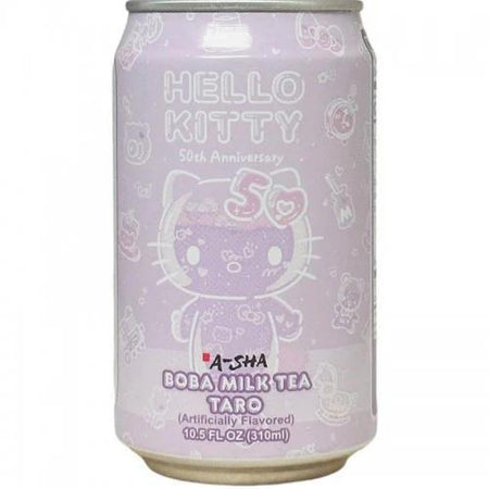 A-Sha Hello Kitty 50th Anniversary Boba Milk Tea Taro can with pastel design celebrating 50 years of Hello Kitty.