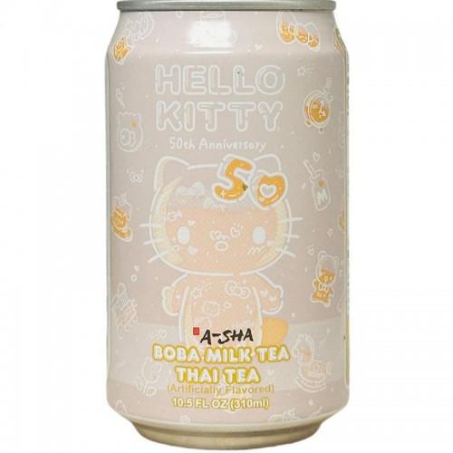 A-Sha Hello Kitty 50th Anniversary Boba Milk Tea can featuring a cute Hello Kitty design and Thai tea flavor.