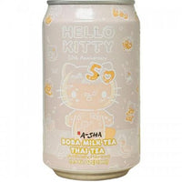 A-Sha Hello Kitty 50th Anniversary Boba Milk Tea can featuring a cute Hello Kitty design and Thai tea flavor.