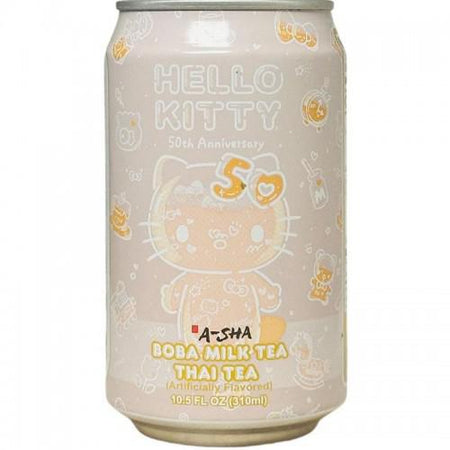 A-Sha Hello Kitty 50th Anniversary Boba Milk Tea can featuring a cute Hello Kitty design and Thai tea flavor.