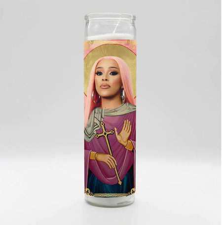 Bobbyk Saint Candles featuring a tall white prayer candle with a pop culture icon design.