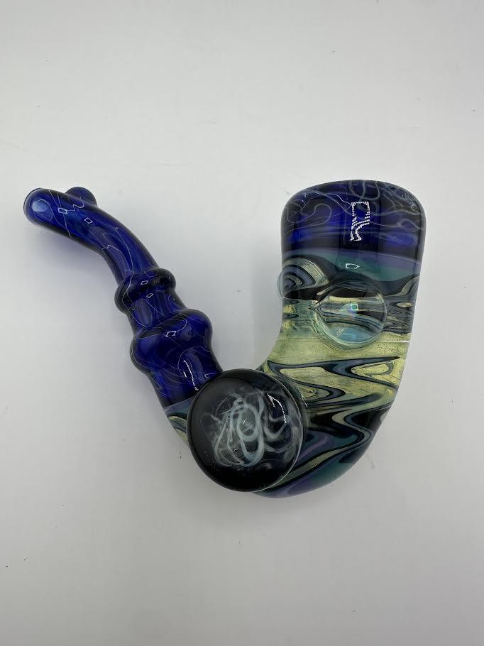Highgrade Glass Sherlock Pipe - Green & Scribble Tech w/ Opal Accent