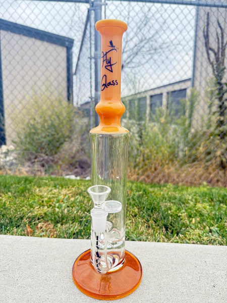 Fly Glass Straight Tube 14mm 90°, clear design with orange accents, perfect for smooth, clean hits and durable performance.