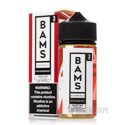 Bams Cannoli Strawberry E-Liquid 100ml bottle with warning label for sub ohm vaping, featuring 3mg/ml nicotine.