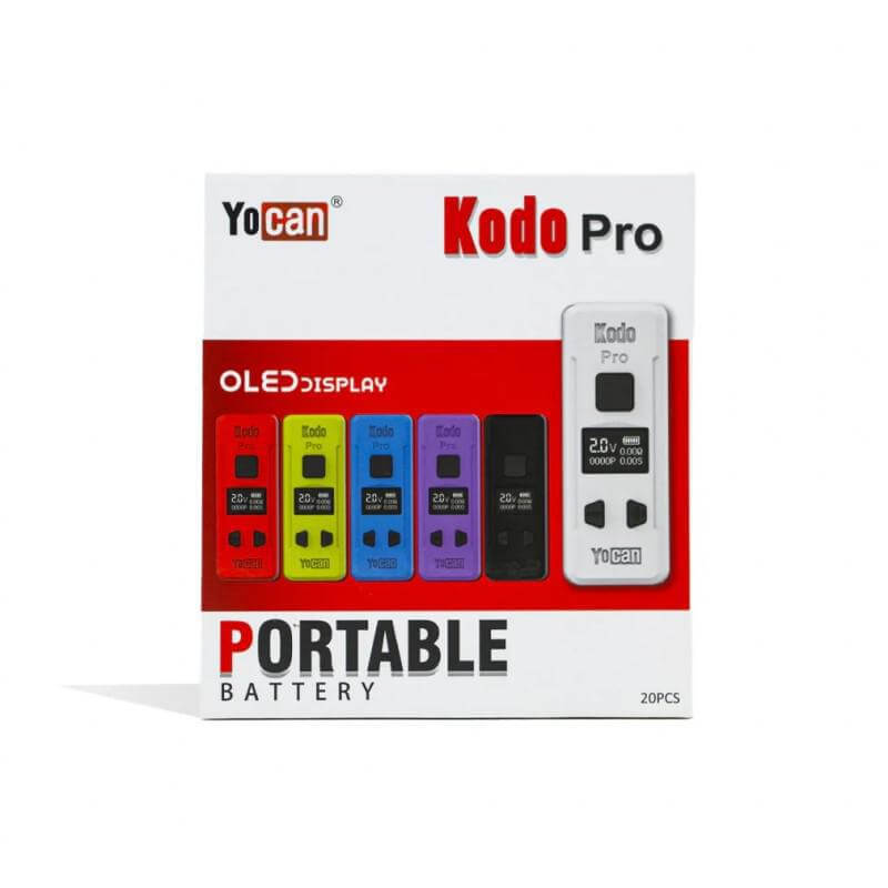 Yocan Kodo Pro 510 battery display box showcasing various colors, featuring OLED display for portable vaping.