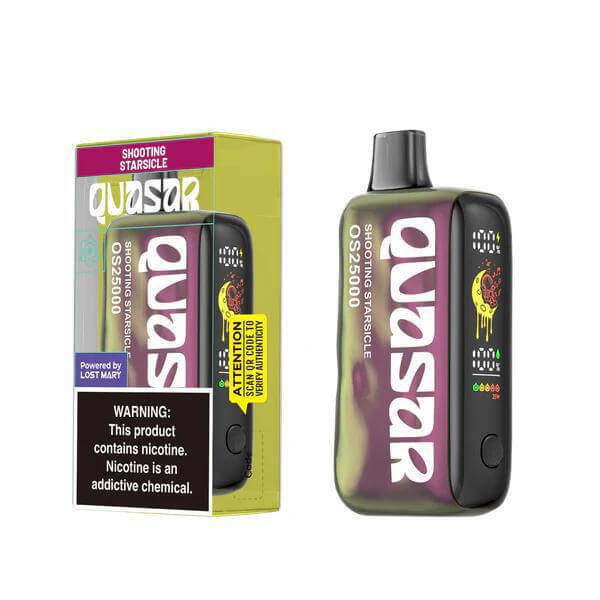 Quasar OS25000 vape in Shooting Starsicle flavor with box, warning about nicotine included.