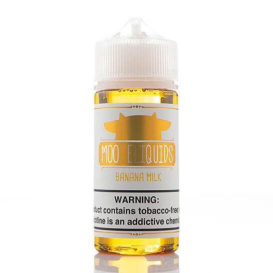 Moo Eliquids 100ml Banana Milk vape juice bottle with warning label and transparent amber liquid.