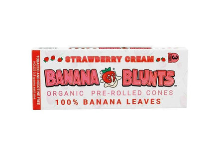 Banana Blunts Strawberry Cream organic pre-rolled cones, made from 100% banana leaves, tobacco-free and delicious.