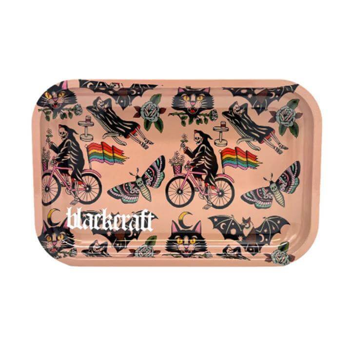 Stylish Blackcraft medium rolling tray with cat and butterfly designs, perfect for rolling herbs.