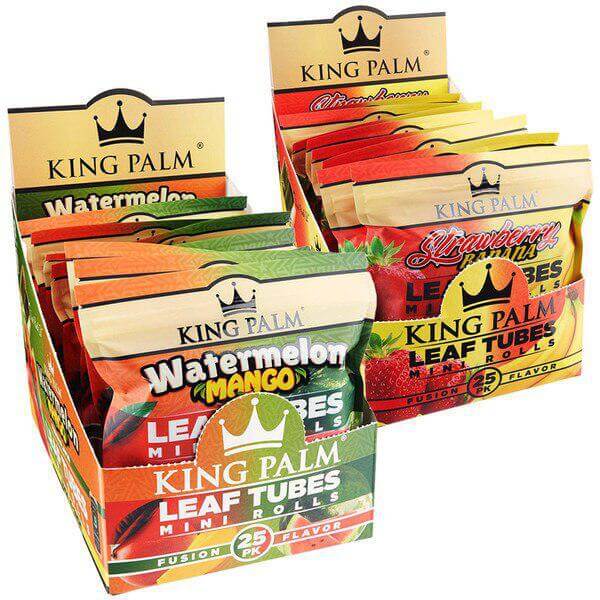 King Palm 25pc Hemp Mini Rolls in assorted flavors including Watermelon and Strawberry, showcasing vibrant packaging.