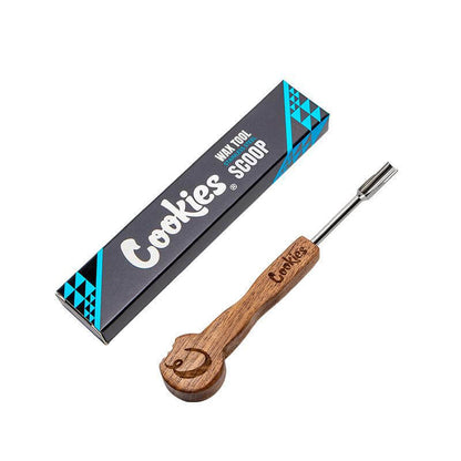 Cookies Wax Dab Tool with wooden handle and stainless steel scoop in branded packaging.
