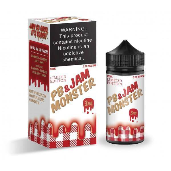 Jam Monster 100ml PB & Jam flavor e-liquid with warning label, 3mg nicotine, delicious vaping experience.