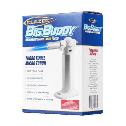 Blazer Big Buddy Butane Torch box displaying turbo flame, precision control, and safety features, perfect for culinary use.