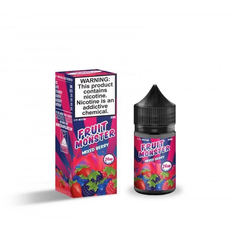 Fruit Monster Salt Nicotine E-Liquid 30ml bottle and box, mixed berry flavor, high-quality vaping product.