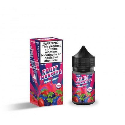 Fruit Monster Salt Nicotine E-Liquid 30ml bottle and box, mixed berry flavor, high-quality vaping product.