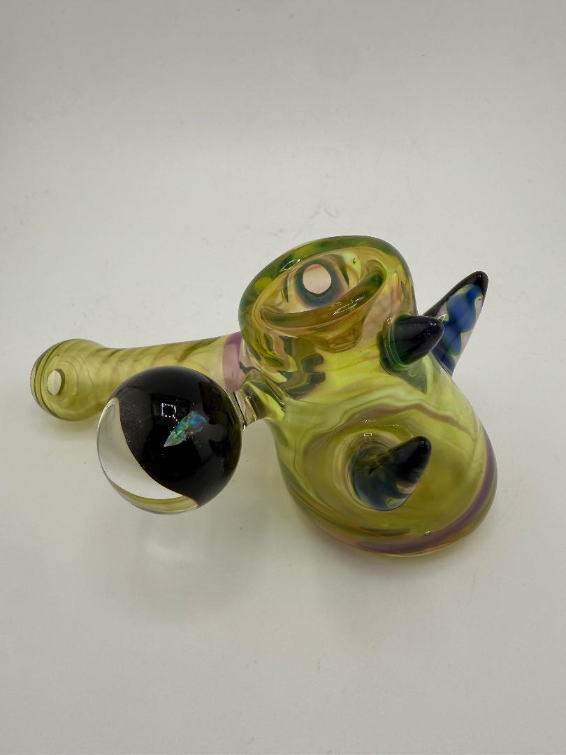 Lylo Glass Green / Purple Hammer Pipe w/ Opal Marble & Horns