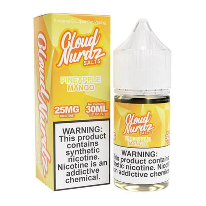 Cloud NURDZ Pineapple Mango Salt Nicotine E-Liquid 30ml with 25mg nicotine for a smooth vape experience.