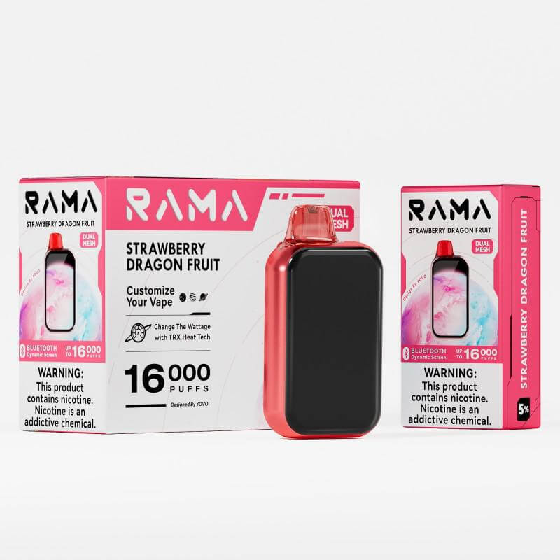 RAMA 16,000 Disposable Vape Strawberry Dragon Fruit with customizable features and 5% nicotine strength.