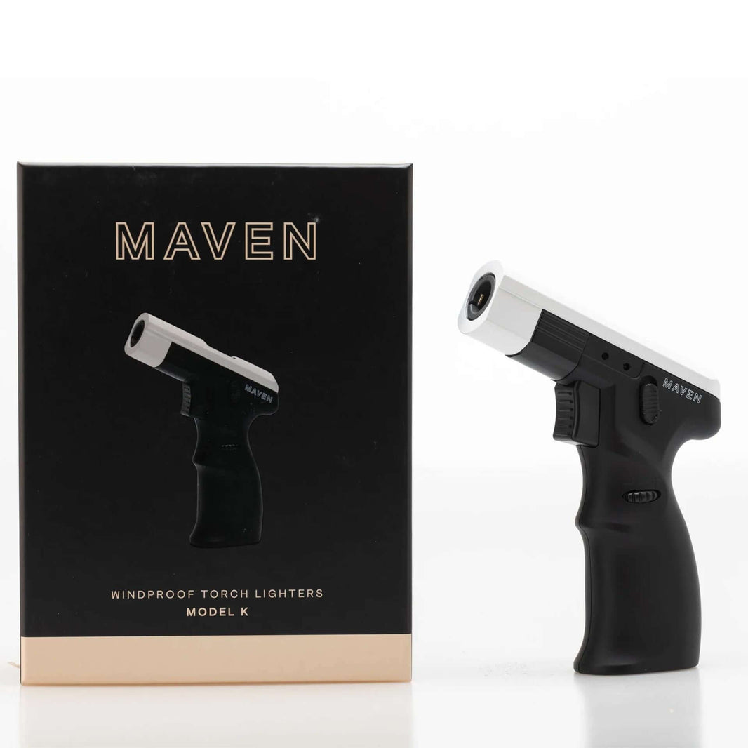 Maven Model K Butane Torch beside its stylish box, showcasing its sleek design and reliable features for precision lighting.