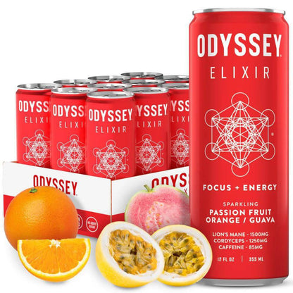 Odyssey Mushroom Elixir Core Sparkling Energy Drink with passion fruit, orange, and guava in a vibrant package.