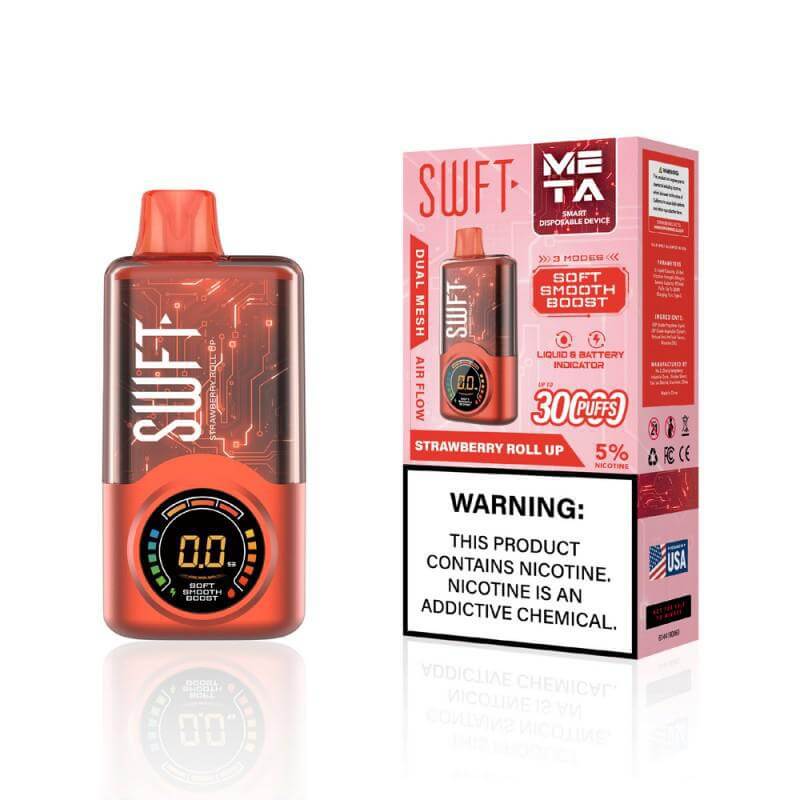 SWFT Meta 30k Disposable Vape, Strawberry Roll Up flavor, 5% nicotine, adjustable wattage feature.