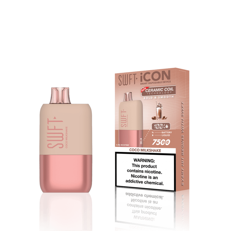 SWFT Icon 7k Disposable Vape in Coco Milkshake flavor with packaging, offering 7000 puffs and rechargeable battery.
