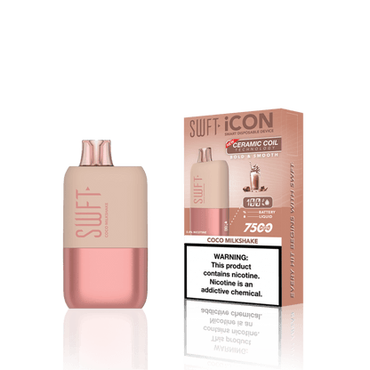 SWFT Icon 7k Disposable Vape in Coco Milkshake flavor with packaging, offering 7000 puffs and rechargeable battery.